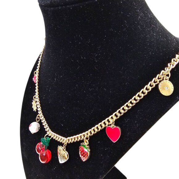 Gold Tone Charm Necklace With Heart & Cherry Accents NWT 18+2 - Picture 5 of 7